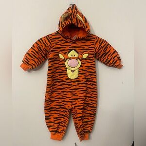 Kids' Orange Tiger-Striped Hooded One-Piece with Character Applique